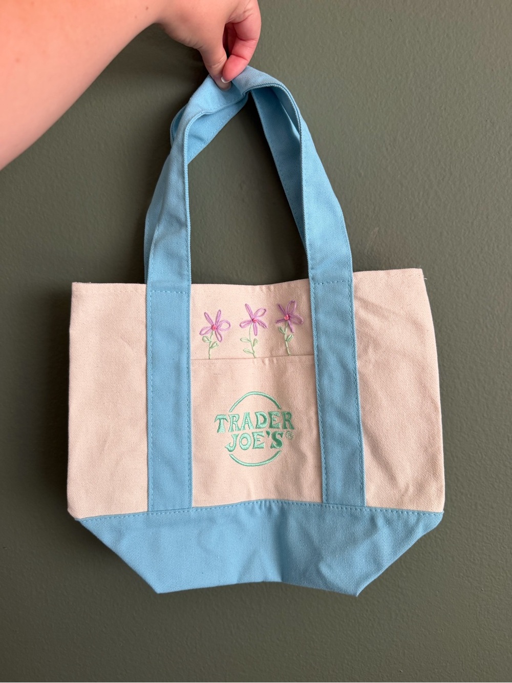 TJ’S Canvas Mini Tote Bag in Cream and Light Blue with Floral Embroidery